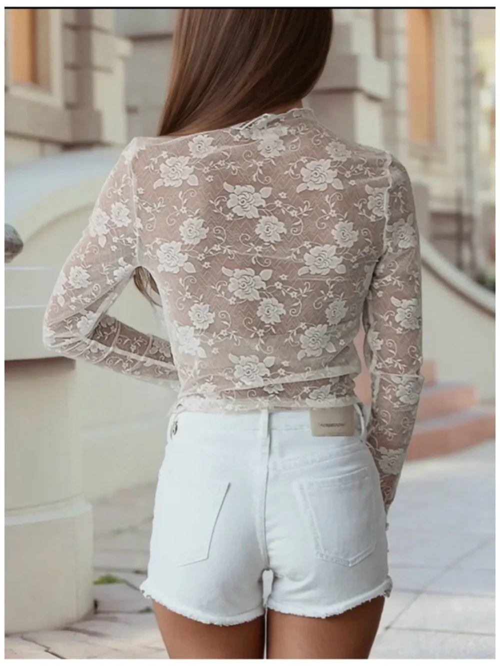 Sheer Lace Long-Sleeve Top in White - Picture 2 of 3